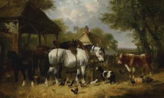 John Frederick Herring Jr. - British shire Horses, Pigs And Other Livestock By A Stable With A Cottage And Church Beyond