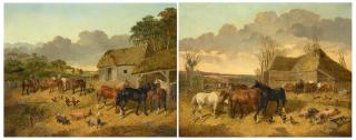 John Frederick Herring, Jr. - Horses Eating from a Manger with Pigs and Chickens in a Farmyard; and Horses Drinking from a Water Trough with Pigs and Chickens in a Farmyard