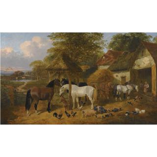 John Frederick Herring Jr. - The Farm Yard; Carthorses And A Goat Feeding From A Covered Trough, Pigs And Hens In The Foreground, Cattle Beside A River Beyond