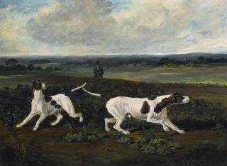 John Frederick Herring Jr. - Two English Pointers With A Sportsman In A Landscape