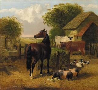 John Frederick Herring, Jun. - A horse, pigs, ducks and cattle in a farmyard