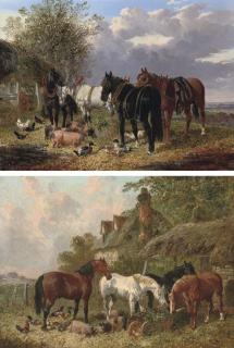 John Frederick Herring, Jun. - A Plough-Team In Harness With Pigs And Ducks In A Farmyard; And Horses With Pigs And Chickens Beside A Farm