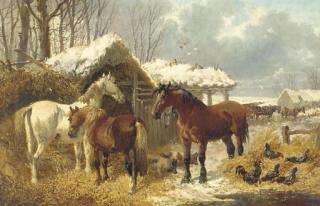 John Frederick Herring, Jun. - A Winter Landscape With Horses In A Barnyard