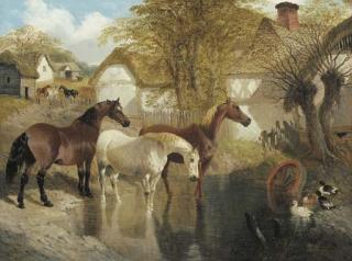 John Frederick Herring, Jun. - Horses and ducks by a farm pond