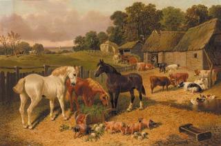 John Frederick Herring, Jun. - Horses, cattle, pigs, and ducks, in a farmyard, a hunt beyond
