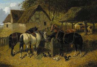 John Frederick Herring, Jun. - Horses feeding in a farmyard, with chickens, and cattle beyond