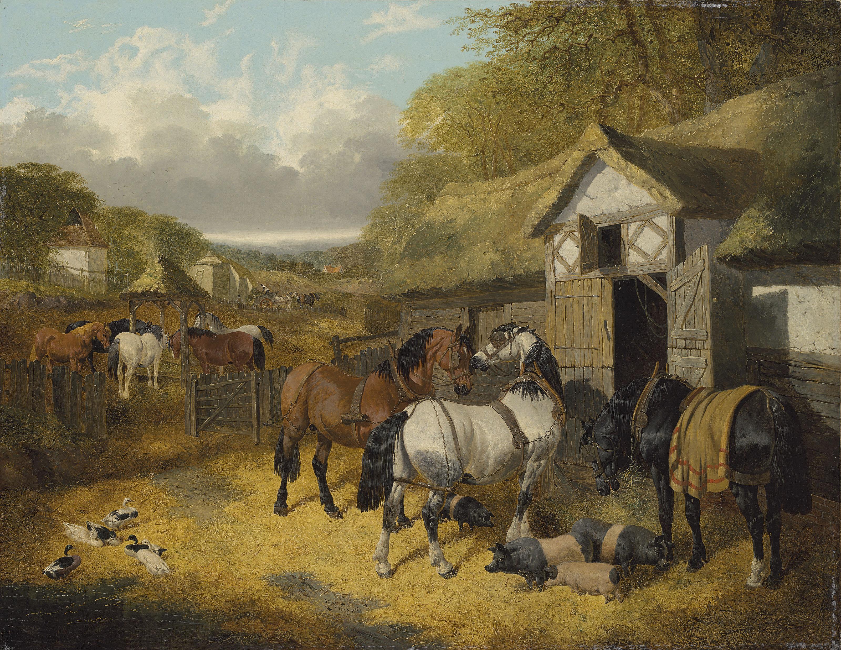 John Frederick Herring, Jun. - Horses, pigs and ducks in a farmyard