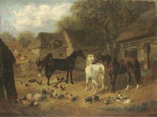 John Frederick Herring Jun. - Horses, Pigs And Ducks Outside A Stable