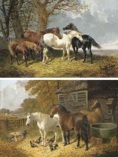 John Frederick Herring Jun. - Horses Sheltering Under Trees In A Windswept Landscape; And Horses, Chickens, And A Sow And Piglets In A Farmyard