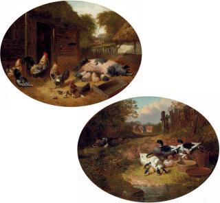 John Frederick Herring, Jun. - Pigs and Chickens in a Farmyard; and Ducks by a Farm Pond