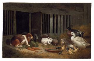 John Frederick Herring Jun. - Rabbits and Ducks in a Hutch