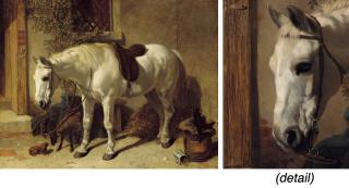 John Frederick Herring, Sen. - A Grey Horse, With A Goat, A Toy Spaniel And A Cat Seated On An Upturned Barrel, In A Courtyard