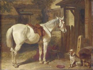 John Frederick Herring, Sen. - A saddled grey pony and dogs outside an inn