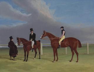 John Frederick Herring, Sen. - The Colonel with William Scott up and John Scott on a dark bay hack, with groom, Doncaster racecourse beyond