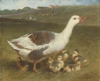 John Frederick Herring, Senior - A goose and goslings in a landscape, figures beyond