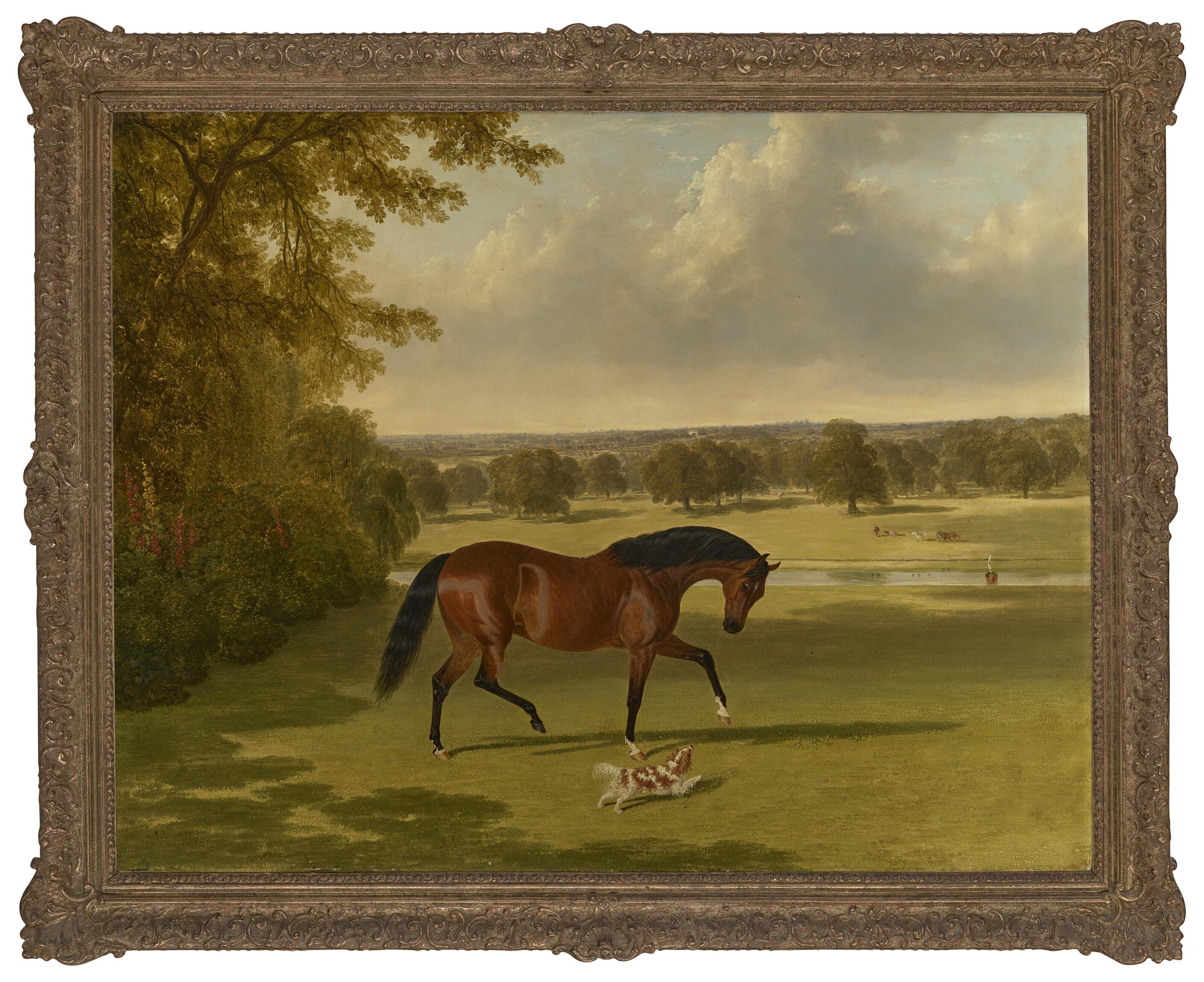 John Frederick Herring, Snr. - A bay hunter and a King Charles spaniel at Wanstead Grove, Essex
