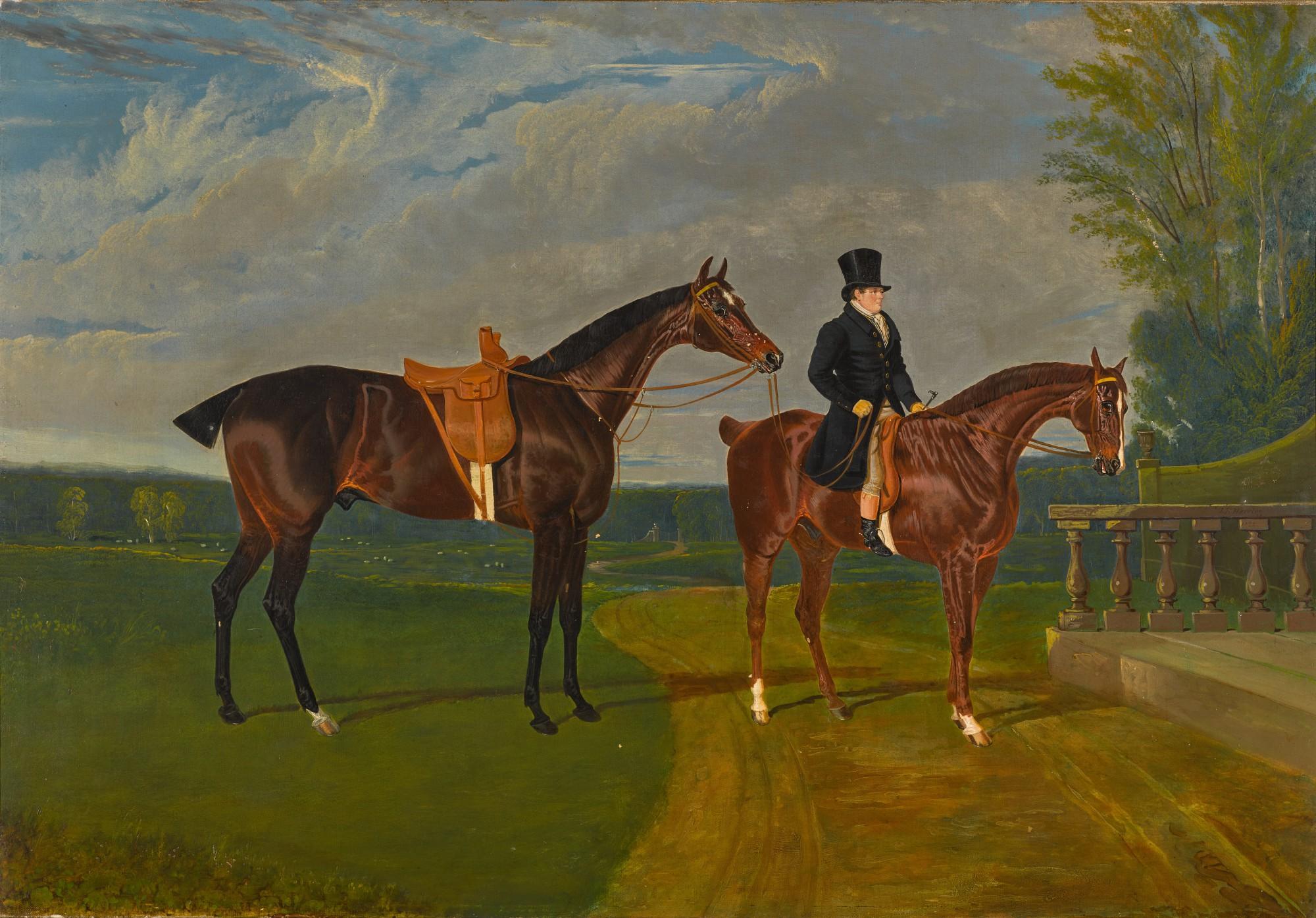 John Frederick Herring Snr. - A ladies bay hunter held by a mounted groom in a park