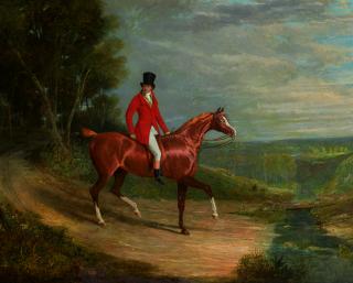 John Frederick Herring Snr. - Equestrian Portrait Of A Gentleman Riding A Chestnut Hunter, Wearing Hunting Habit, An Extensive Landscape Beyond