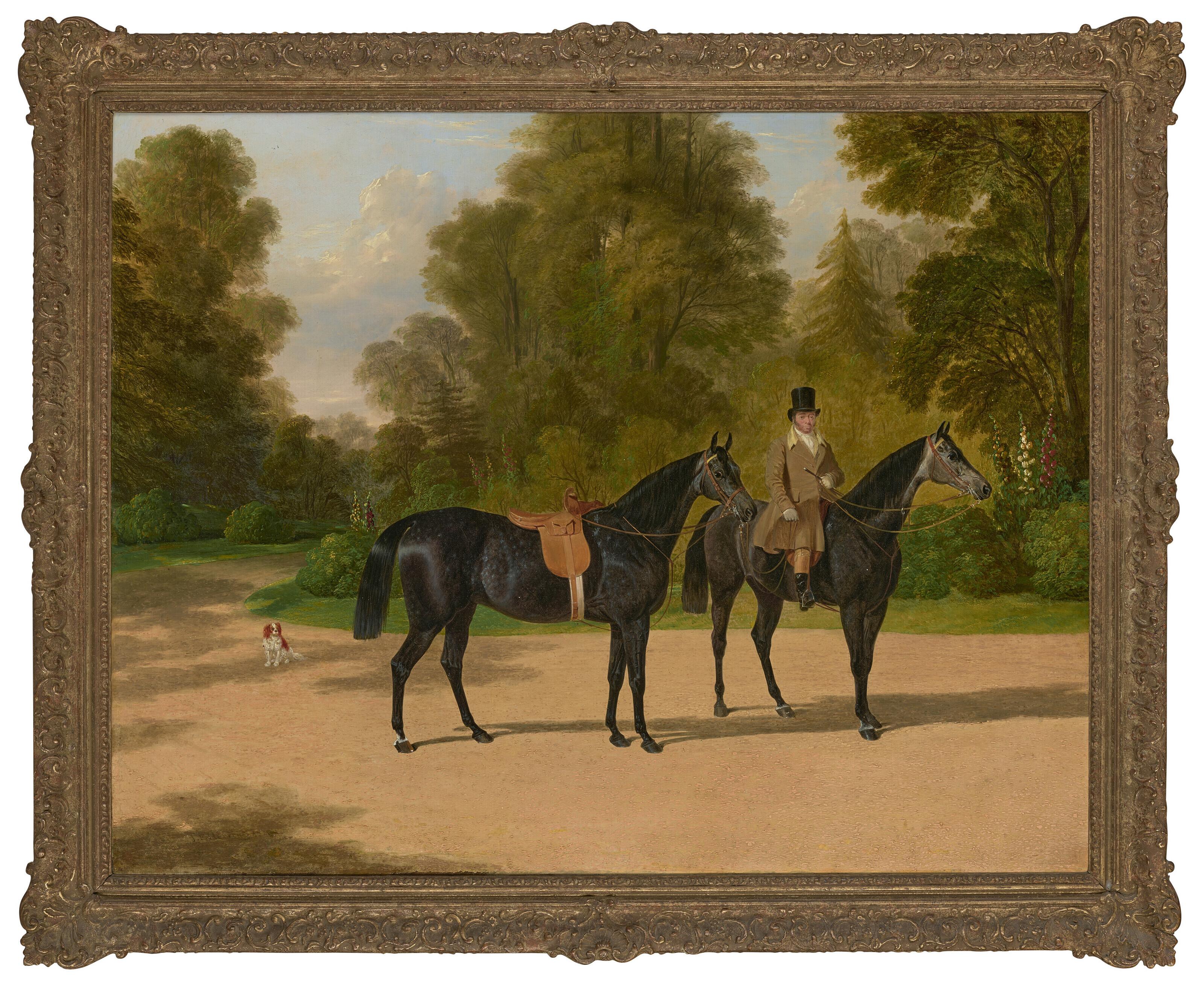 John Frederick Herring, Sr. - A groom with two hunters and a King Charles spaniel at Wanstead Grove, Essex