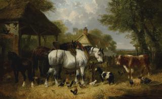 John Frederick Herring Sr. - British shire Horses, Pigs And Other Livestock By A Stable With A Cottage And Church Beyond