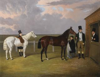 John Frederick Herring Sr. - British sir Mark Wood With His Dark Brown Filly Vespa, Winner Of The Oaks In 1833, Her Trainer H Scott And A Groom With A Grey Hack