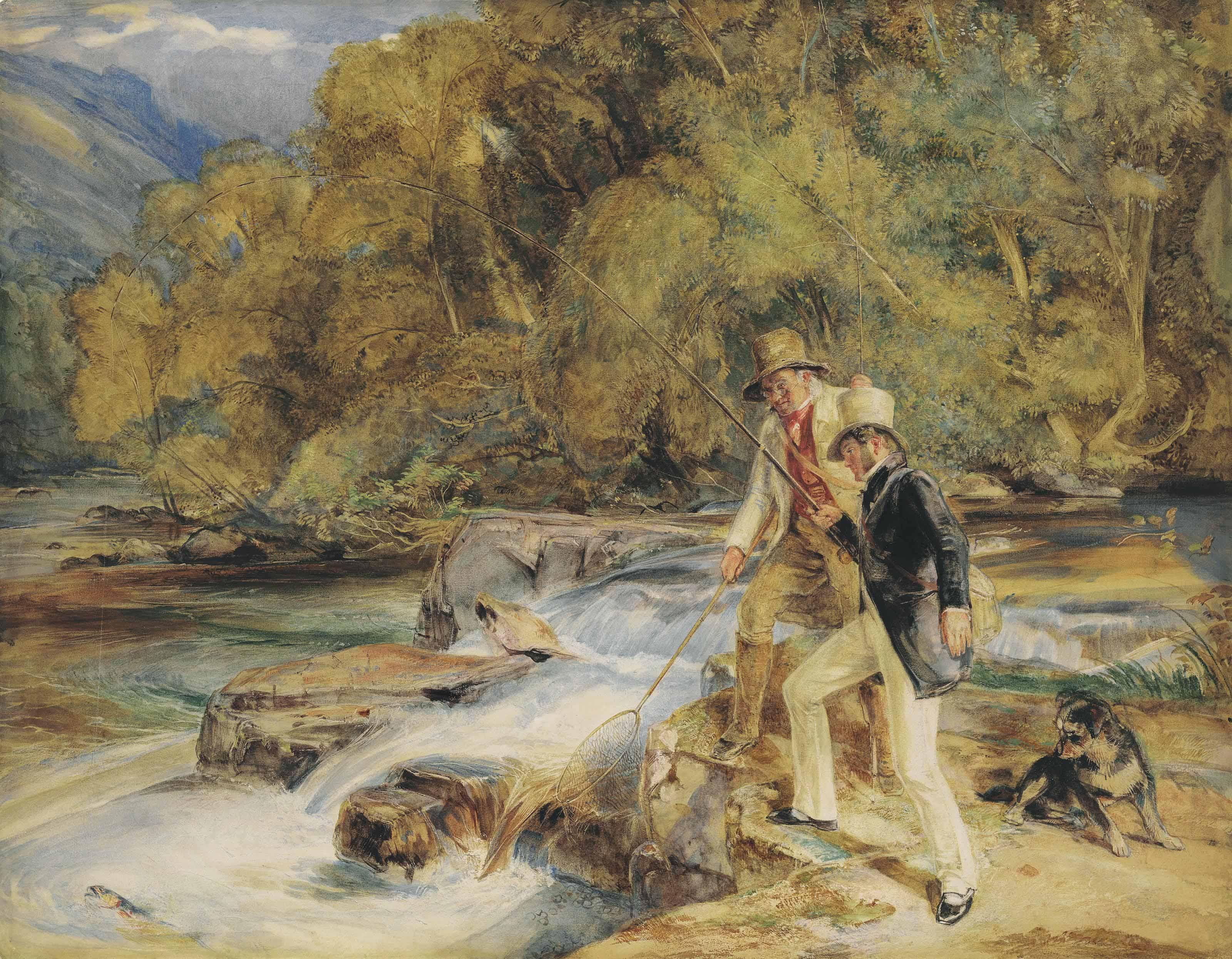 John Frederick Lewis, R.A., P.O.W.S. - Sir Edwin Landseer, R.A. with a ghillie fishing for salmon, possibly on the river Dart, near Holne, Devon