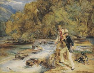John Frederick Lewis, R.A., P.O.W.S. - Sir Edwin Landseer, R.A. with a ghillie fishing for salmon, possibly on the river Dart, near Holne, Devon