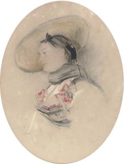 John Frederick Lewis R.A. - A Lady In A Straw Hat With A Black Scarf