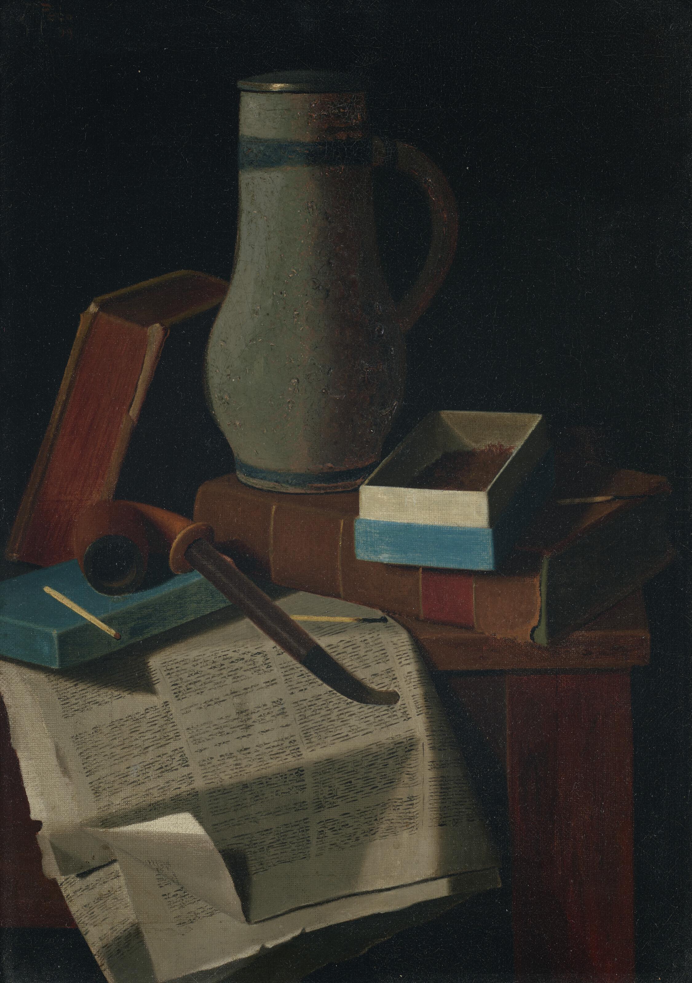 John Frederick Peto - Salt Glazed Beaker, Books, Pipe, Matches, Tobacco Box and Newspaper
