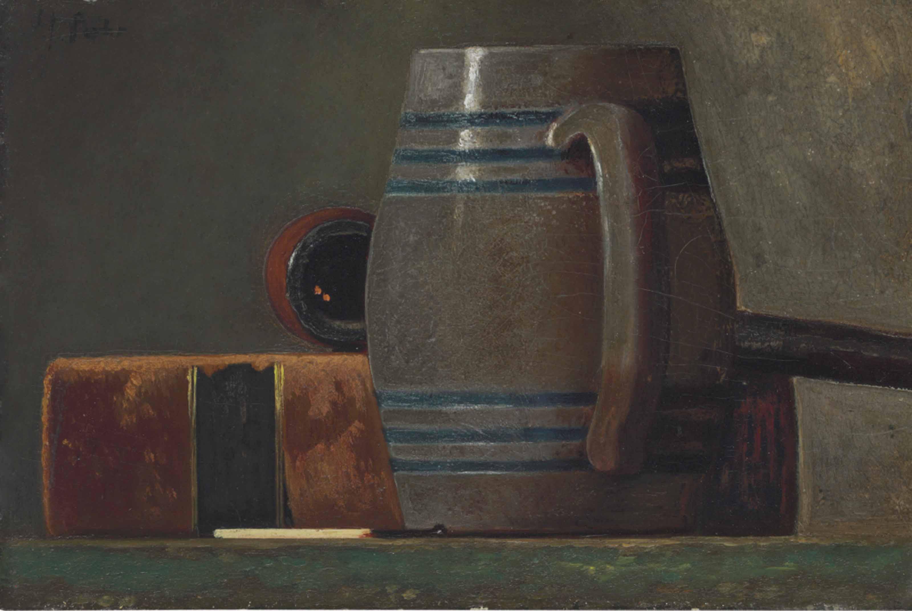 John Frederick Peto - Salt-Glazed Mug, Book, Pipe And Match