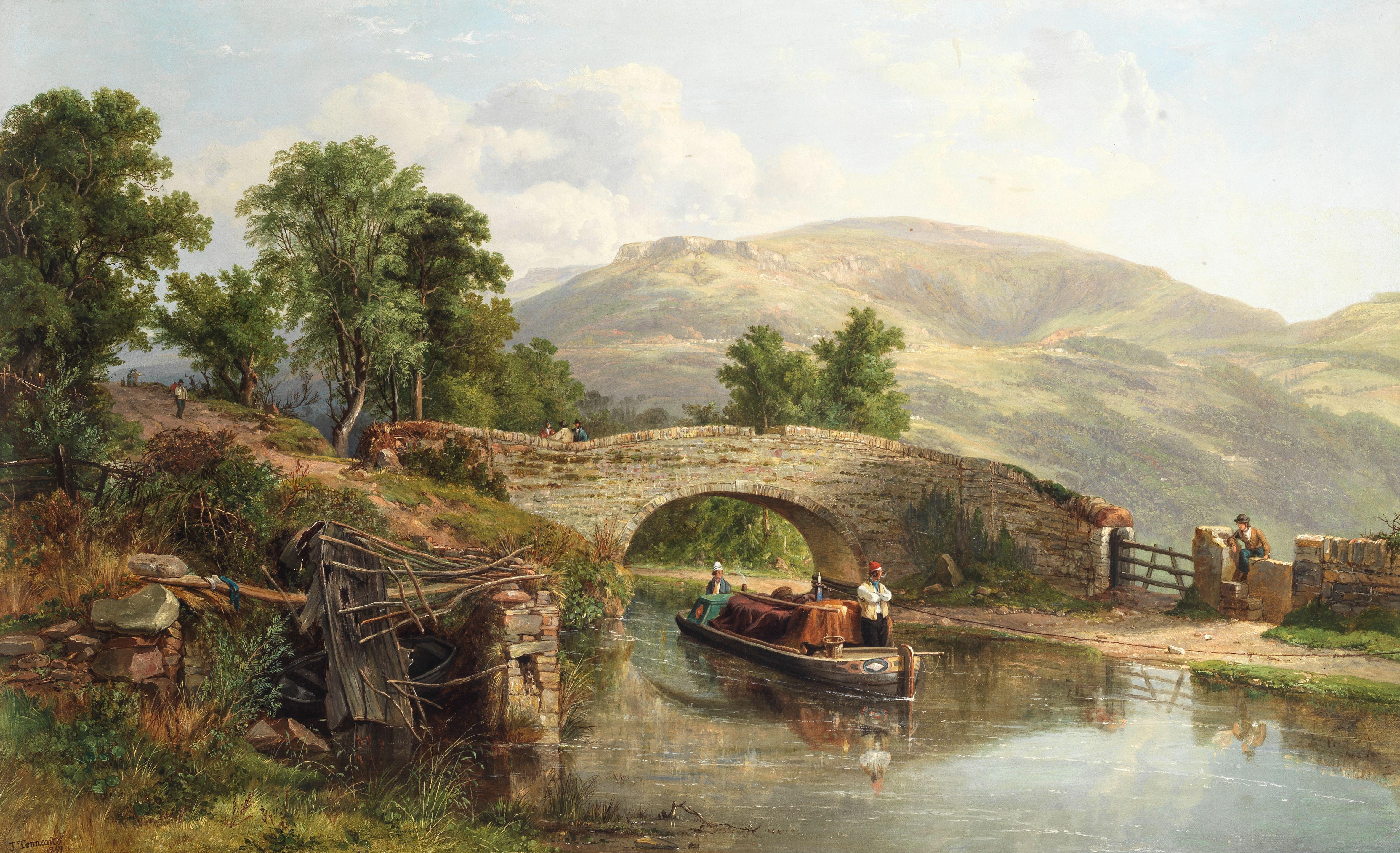 John Frederick Tennant - A narrowboat passing under a bridge, mountains beyond