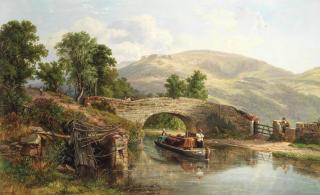 John Frederick Tennant - A narrowboat passing under a bridge, mountains beyond