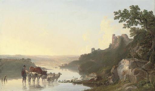 John Frederick Tennant - A wooded river landscape with a shepherd and his cattle in the foreground, a castle beyond