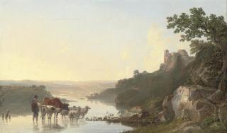 John Frederick Tennant - A wooded river landscape with a shepherd and his cattle in the foreground, a castle beyond