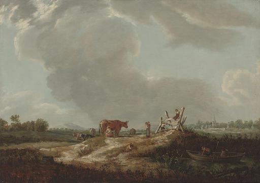 John Frederick Tennant - Children Playing By A River, A Milkmaid With Cattle Beyond