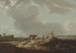 John Frederick Tennant - Children Playing By A River, A Milkmaid With Cattle Beyond