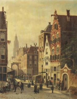 John Frederik Hulk - A busy sunlit street with a view of the Martinitoren, Groningen