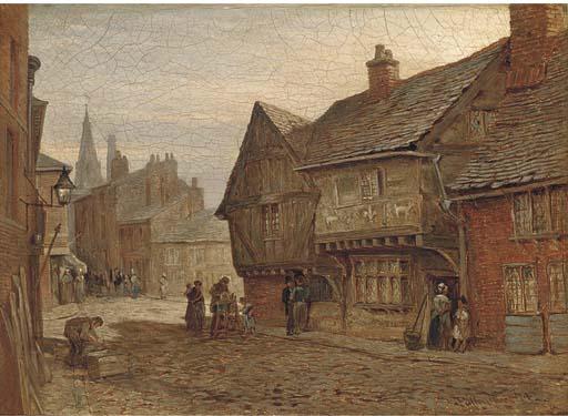 John Fulleylove - Figures on a cobbled street; and A church interior