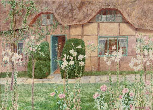 John George Sowerby - A thatched cottage with Arum lilies and roses