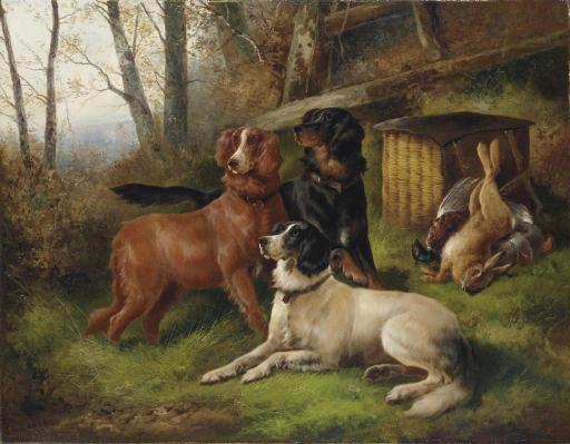 John Gifford - Three Setters with Game at the Edge of a Wood