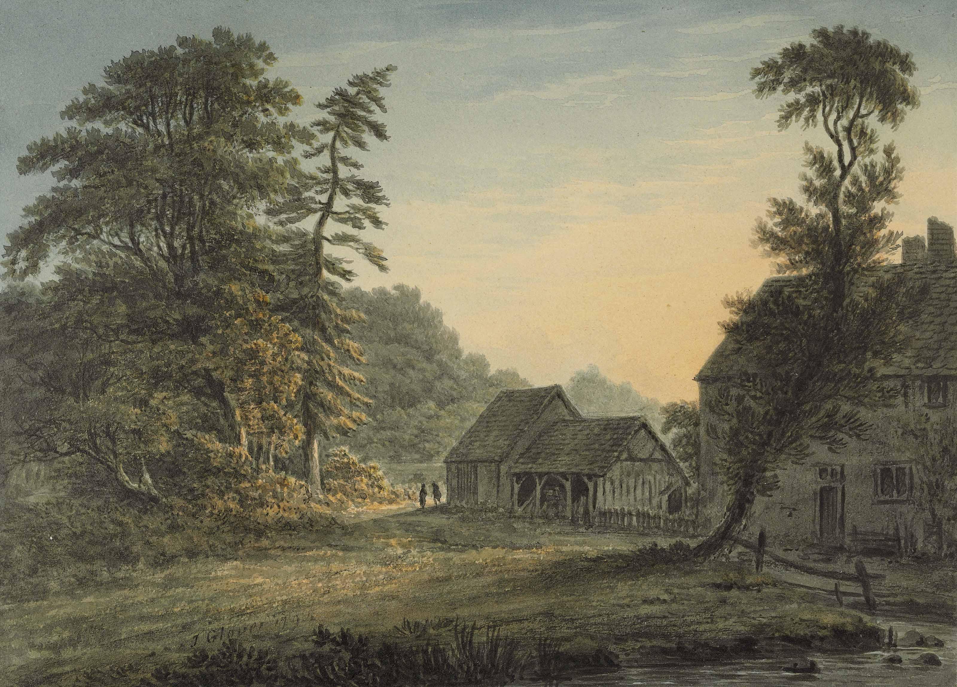 John Glover, O.W.S. - A farmhouse with outbuildings beside a stream at sunset