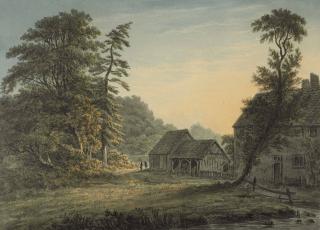 John Glover, O.W.S. - A farmhouse with outbuildings beside a stream at sunset