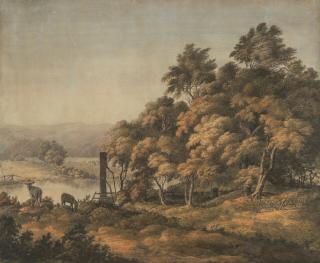 John Glover, O.W.S. - An extensive river landscape with donkeys