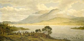 John Glover - Mount Wellington and Hobart Town from Kangaroo Point; these Natives Danced and Bathed at the request of the Artist.The Females are very expert in the Water, the Heels of one Woman are perceptible above the Water