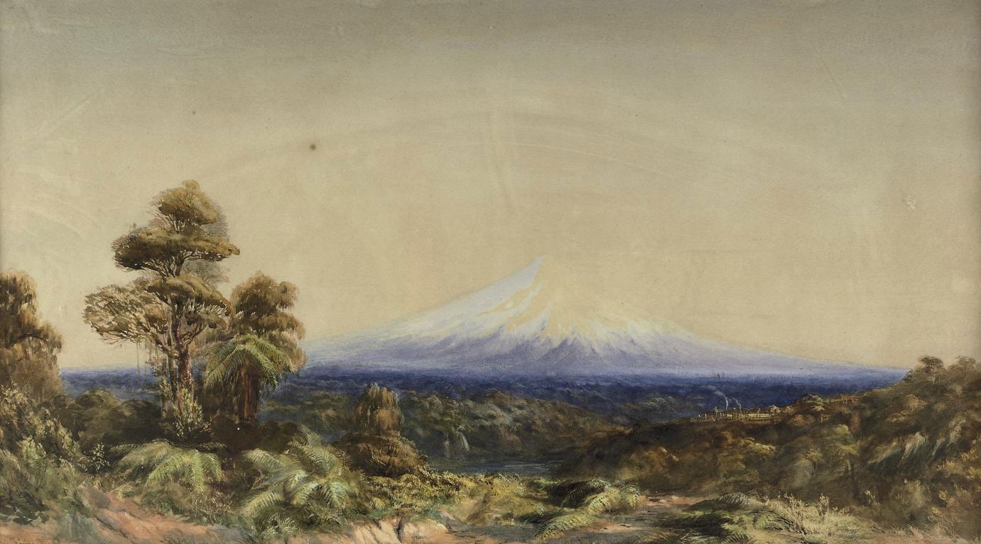 John Gully - A landscape with a volcano, New Zealand