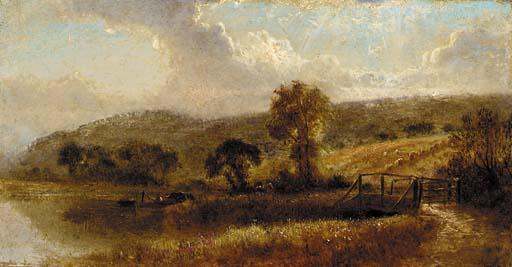 John H. Dell - An extensive river landscape; An otter in a river landscape; Cattle watering; and Horses in a flooded watermeadow