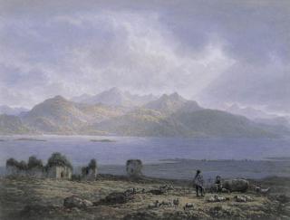 John H Glover - Shepherds with a flock and a ruin on the banks of a Lock with distant mountains