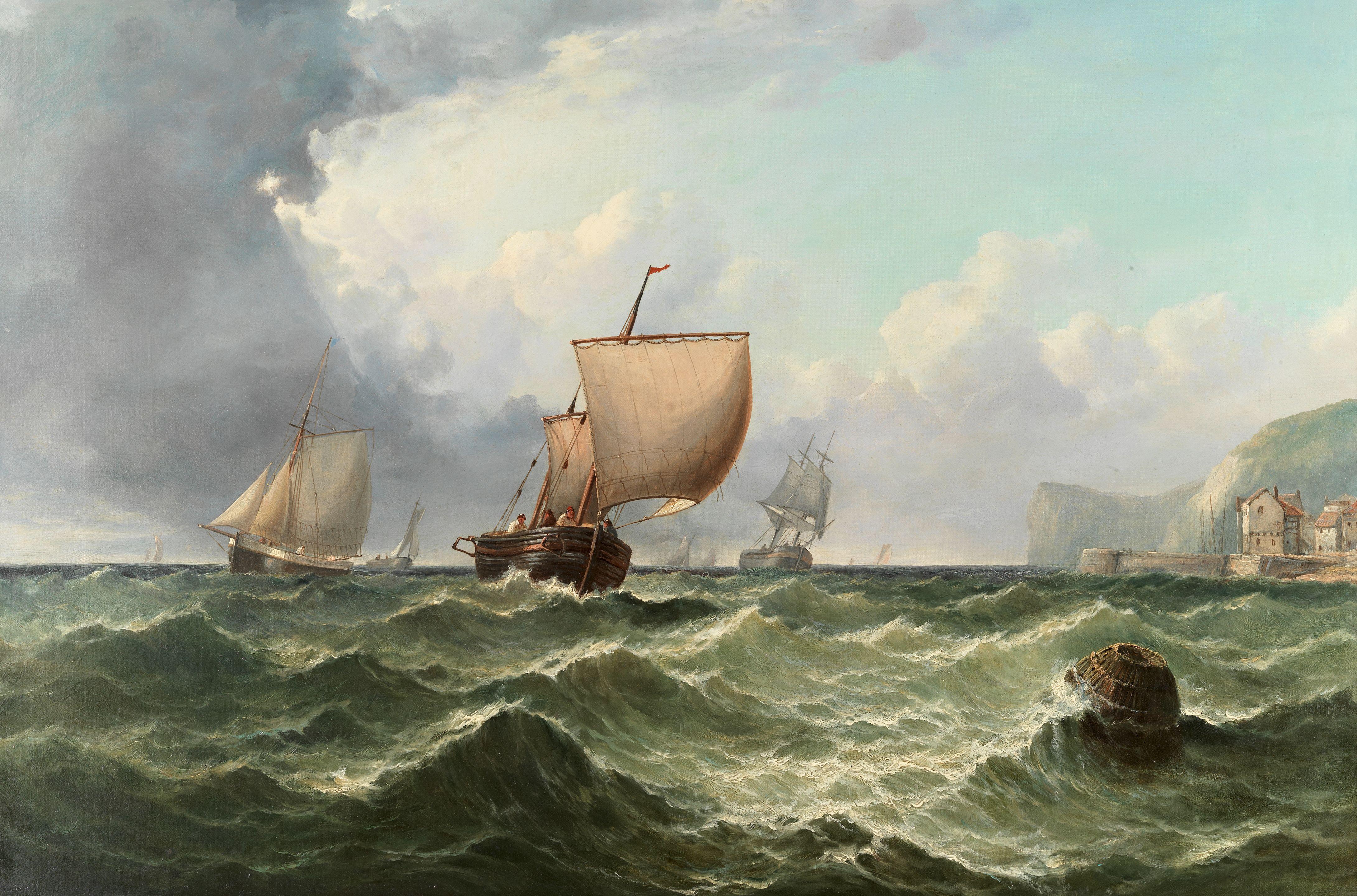 John H. Wilson RSA - Coastal view with sailing vessels near a harbour town