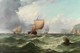 John H. Wilson RSA - Coastal view with sailing vessels near a harbour town