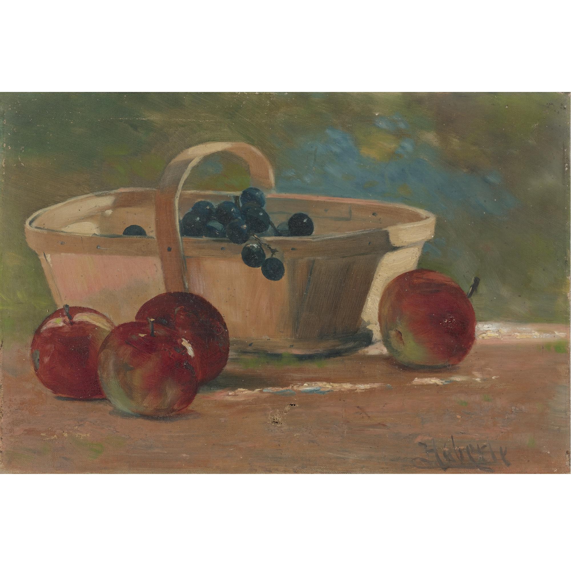 John Haberle - Basket Of Purple Grapes With Four Apples